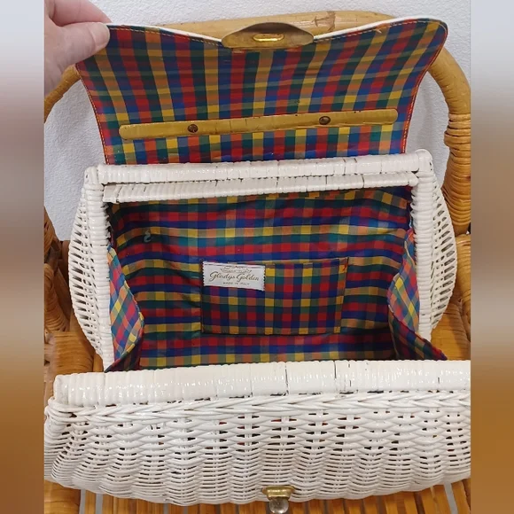 Gladys Golden Italian Vintage White Wicker Bag W/ Plaid Interior - Picture 9 of 15